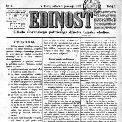 Prva številka edinosti, ki je v Trstu izšla 8. januarja 1876 (DLIB.SI)