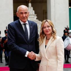 Predsednik slovenske vlade Janez Janša in premierka Giorgia Meloni