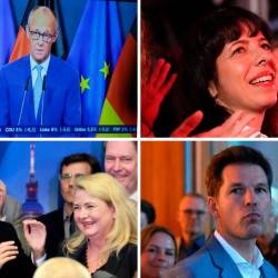 Z zgornjega levega kota v smeri urinih kazalcev Friedrich Merz (CDU), Elif Eralp (Levica), Steffen Krach (SPD) in Alice Weidel (AfD) (ANSA)