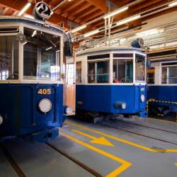 V remizi ob openski Narodni ulici »domuje« šesterica modrih in belih tramvajev (ARHIV)