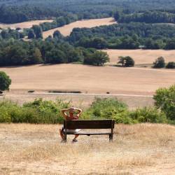 TOPSHOT - People look out from a viewpoint at Newlands Corner, near Guildford, southwest of London, on August 2, 2026, over dry fields, turned brown from the heat of the sun and the lack of rain. England and Wales were on course for the driest July since records began nearly 200 years ago, the Met Office said on Friday, amid a prolonged heatwave and exceptionally low rainfall. (Photo by Peter Nicholls / AFP)