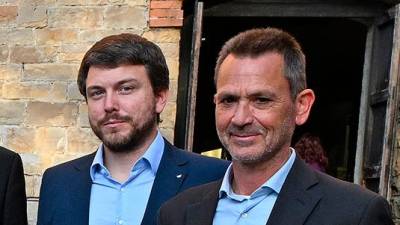 Novi pokrajinski tajnik Slovenske skupnosti Matia Premolin in novi pokrajinski predsednik Pavel Vidoni (FOTODAMJ@N)
