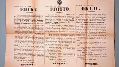 Trijezični oklic iz leta 1914 (ASGO, OKROŽNO GORIŠKO GLAVARSTVO, SIGN. B. 11 F. 95)
