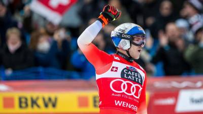 Švicar Marco Odermatt z današnjo zmago napoveduje, da bo glavni kandidat tudi na olimpijskem smuku v Bormiu (ANSA)