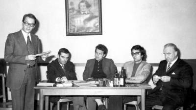 Festival Bora minibasket leta 1971, od leve voditelj Lucijan Volk, Fabiani, Sedmak, Debernardi in predsednik ŠZ Bor Dušan Košuta