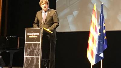 Carles Puigdemont na včerajšnjem zboru katalonskega sveta za republiko v Bruslju (BBR)