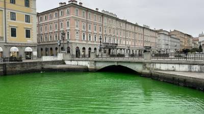 Aktivisti so v morje zlili fluorescein, ki je vodo pobarval v živo zeleno barvo