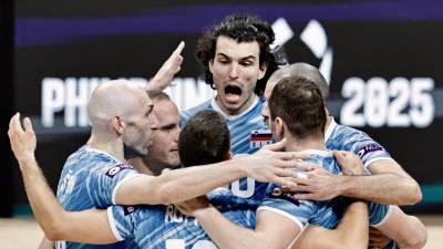 Slovenski odbojkarji na današnji tekmi proti Nemčiji (ANSA)