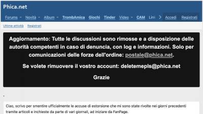 Administratorji strani Phica so objavili obvestilo, da so vsebine zbrisali (ZAJEM ZASLONA/ANSA)