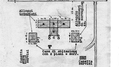 Načrt taborišča v Fossalonu, ki ga je izdelal Giuseppe Lorenzon na podlagi pričevanj taboriščnikov: tloris je objavljen v knjigi »Deportacije slovenskih in hrvaških civilistov v italijanska taborišča 1942-1943«