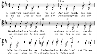 Sporna himna Dachsteinska pesem, ki opeva ozemlje avstrijske Štajerske, ki da se razteza do bregov Save in Drave, na območje današnje Slovenije (WIKIPEDIA)