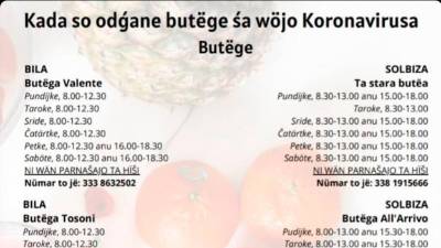 Plakat v rezijanskem narečju o urnikih trgovin v času koronavirusa