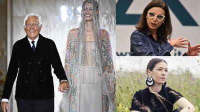 Giorio Armani januarja letos na modni reviji, desno zgoraj Lea Pisani, spodaj Mara Pavatich (ANSA, OSEBNI ARHIV)