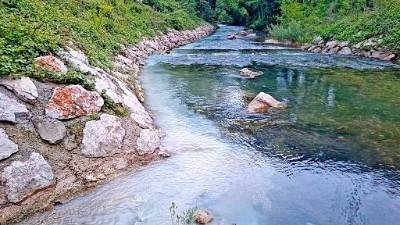 Onesnaženje je odkrila EKO patrulja AAG. Potok je bil bel. Fotografija je posneta na mestu, kjer se Žaneštra izliva v reko Rižano (AAG)
