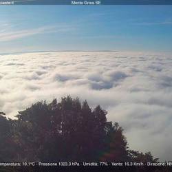 Pogled z Vejne na Tržaški zaliv prekrit z meglo ob 9.30 (SPLETNA KAMERA CISAR)