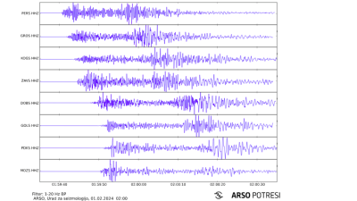 Seizmogram potresa pri mestu Gloggnitz (ARSO)