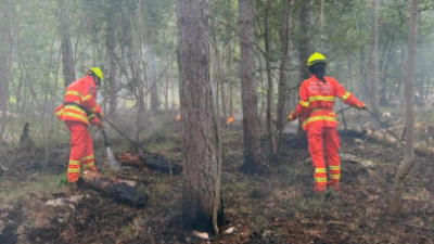 Prostovoljca na delu ob kolesarski stezi med Trebčami in Orlekom