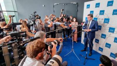Minister za gospodarski razvoj Giancarlo Giorgetti na srečanju z novinarji po dopoldanskem delu zasedanja G20 (FOTODAMJ@N)