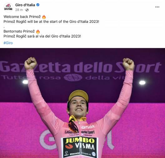 Objava organizatorjev na uradni Facebook strani dirke po Italiji (ZAJEM ZASLONA)