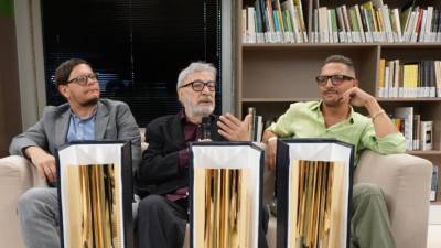 Federico Fava, Gianni Amelio in Edoardo Petti na srečanju v mediateki (BUMBACA)