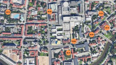 Prikaz temperatur na območju UKC Ljubljana (DATACAKE)