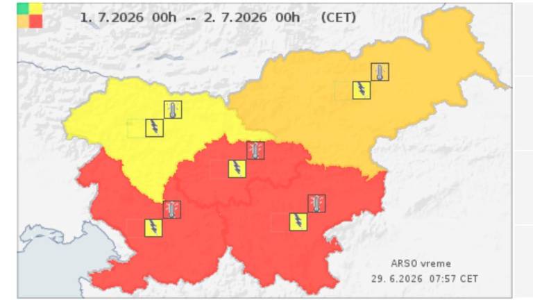 V sredo zaradi vročine še rdeče opozorilo, zvečer rumeno zaradi neviht