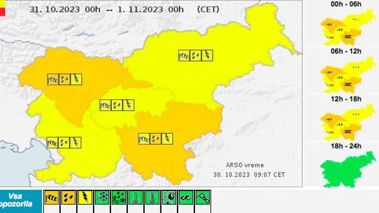 Arso opozarja pred močnimi padavinami in sunki vetra
