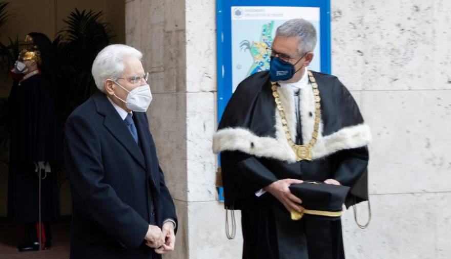 Predsednik Mattarella na odprtju akademskega leta na tržaški univerzi z rektorjem Robertom Di Lenardo (FOTODAMJ@N)