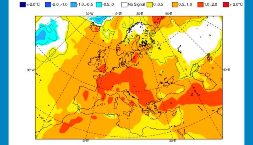 Sezonske napovedi - poletje 2025, napoved odstopanja temperature od dolgoletnega povprečja (ARSO/FACEBOOK/ECMWF)