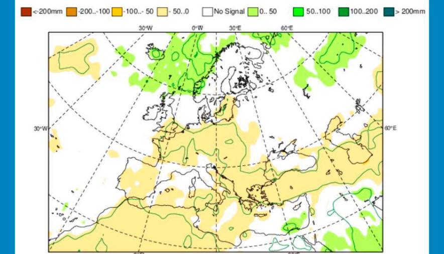 Sezonske napovedi - poletje 2025, napoved odstopanja padavin od dolgoletnega povprečja (ARSO/FACEBOOK/ECMWF)