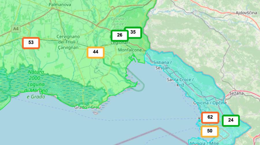 Podatki o prašnih delcih PM 10 danes popoldne (ARPA FVG/OPENSTREETMAP)
