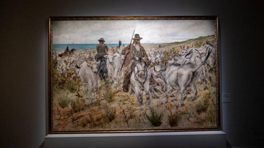 Znana slika Giovannija Fattorija s toskanskimi kavboji, ki pasejo čredo (FOTODAMJ@N)