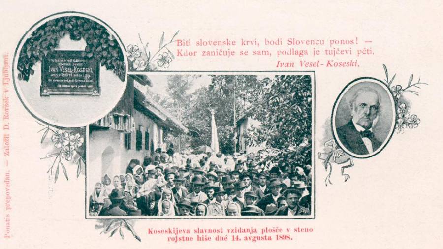 Ob stoletnici rojstva Jovana Vesela Koseskega (1798-1884) so na pročelje njegove rojstne hiše vzidali spominsko ploščo (DLIB)