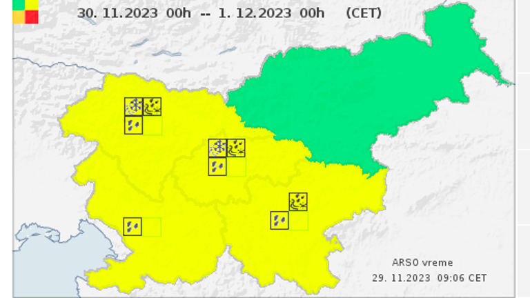 Pestro dogajanje: tridnevno rumeno opozorilo z ledom, dežjem in snegom