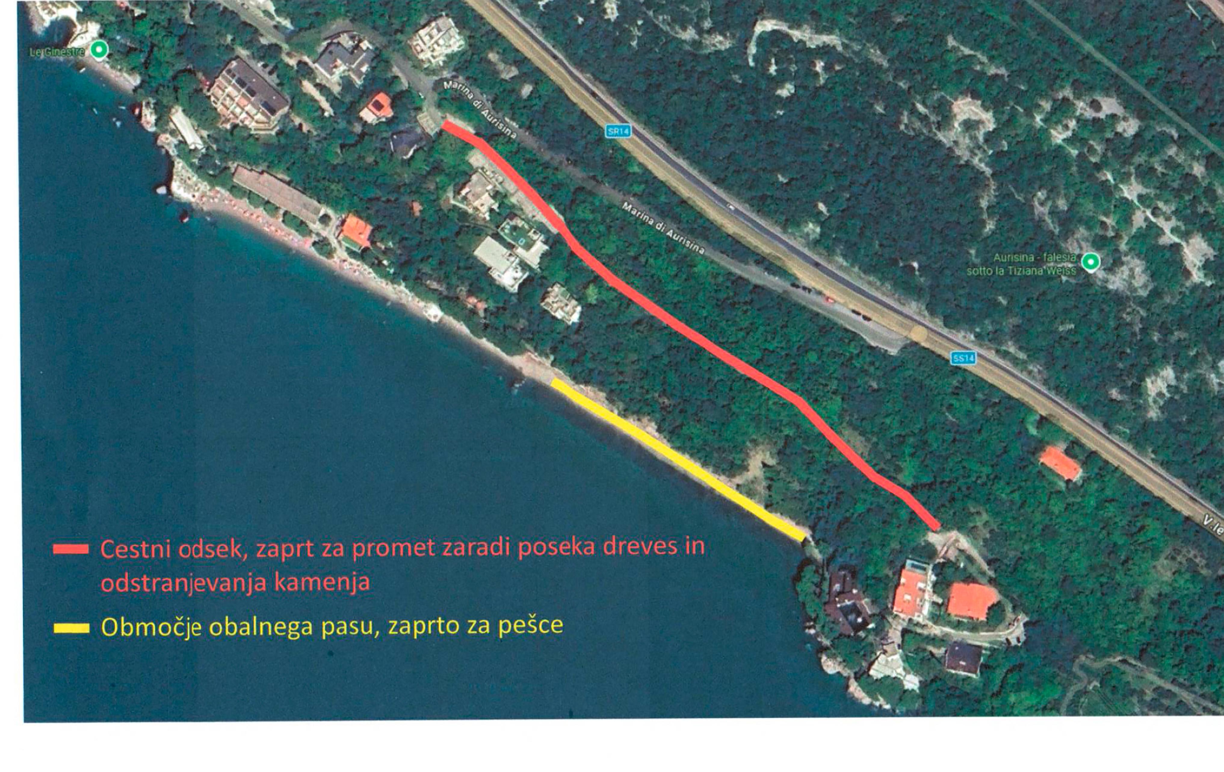 Začasna zapora ceste pod Nabrežino in prepovedan dostop do plaže