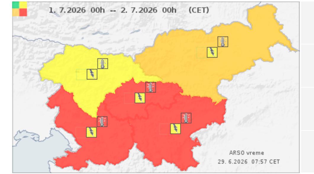 V sredo zaradi vročine še rdeče opozorilo, zvečer rumeno zaradi neviht
